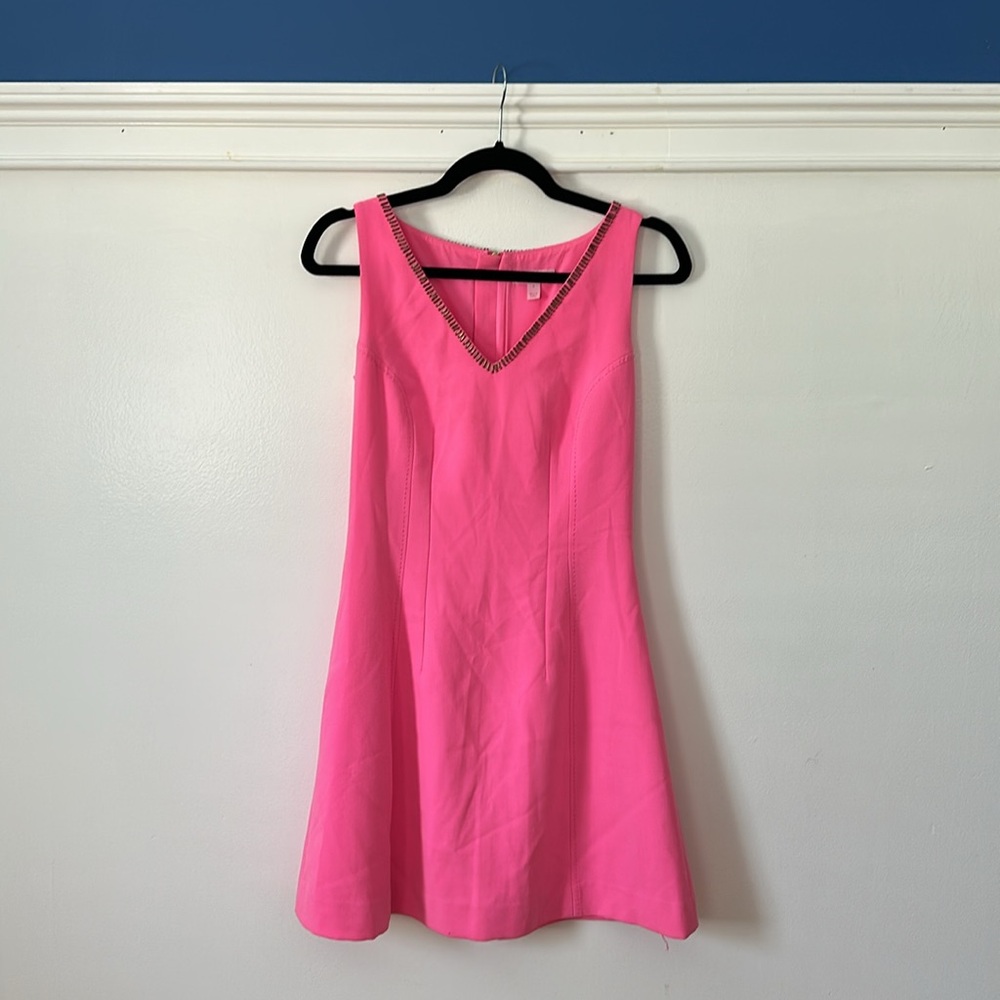 Hot Pink Lilly Pulitzer Cocktail Dress with Gold Beading around neck